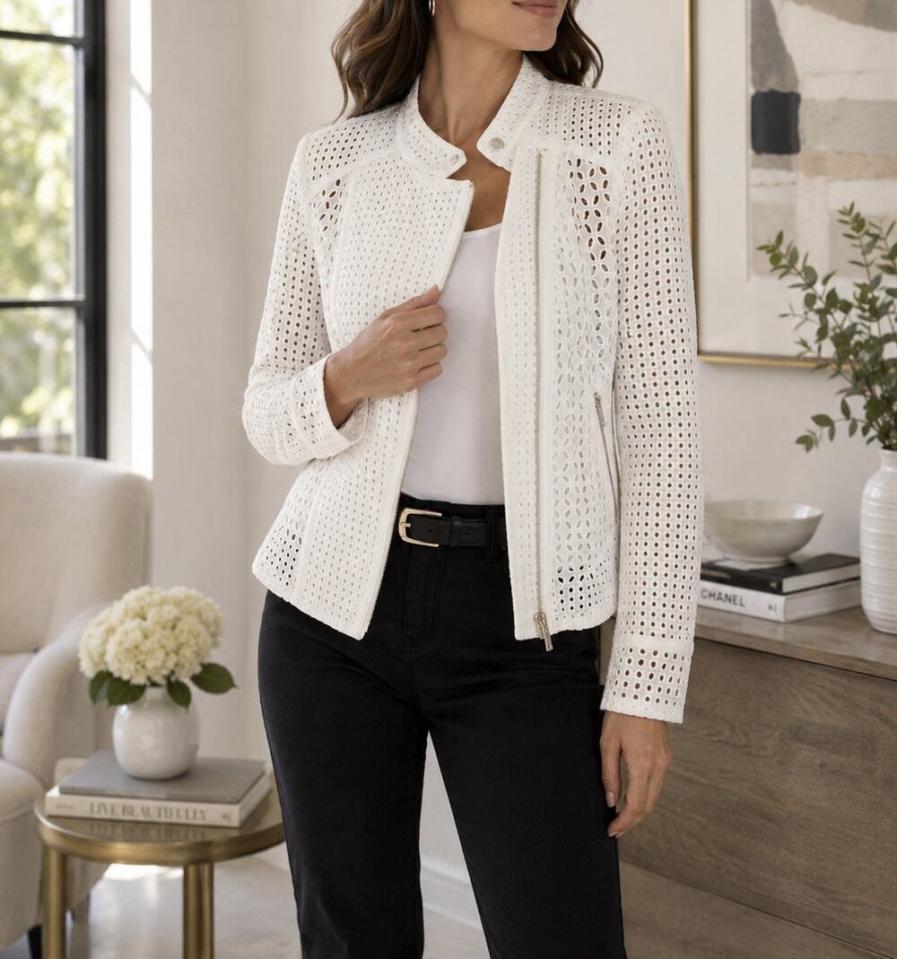 White House Black Market White Eyelet Zip Jacket